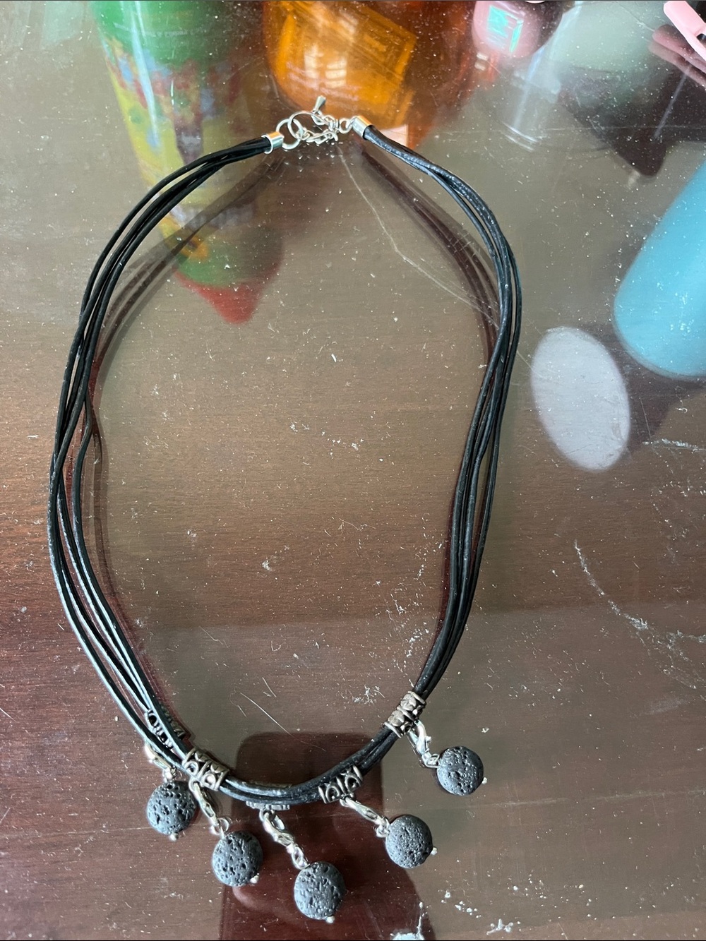 Black Multi-Strand Lava Stone Charm Necklace